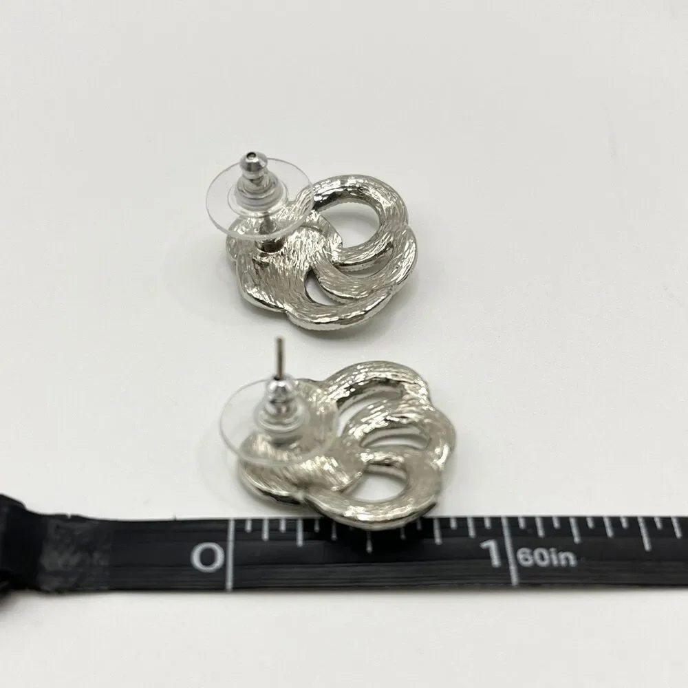 Silver Tone Knot Circle Earrings Stud Marcasite Textured Openwork Abstract Chic